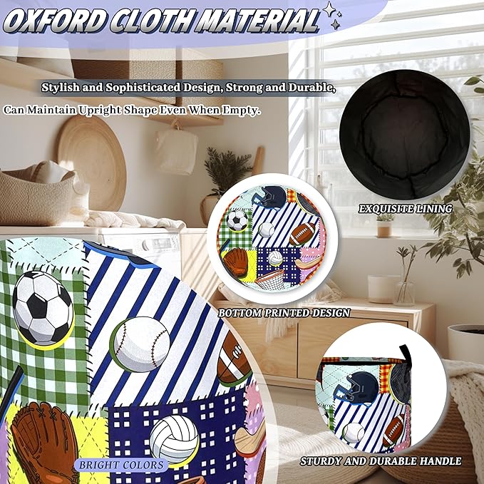 Colorful Balls Sports Laundry Basket Foldable Ball Games Laundry Hamper With Handle Portable Oxford Cloth Clothes Storage Basket Funny Laundry Bag 18.9"x16.5" For Laundry Room/Bedroom/Bathrooms