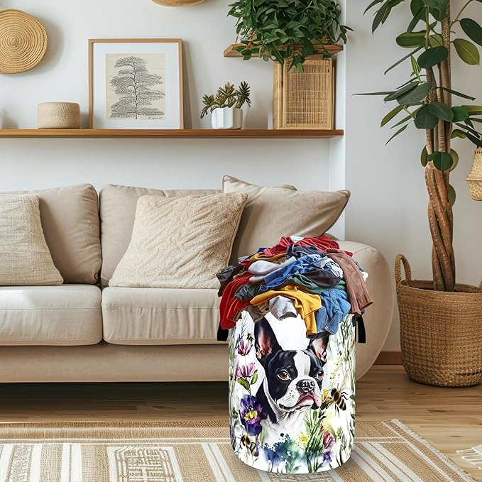 Dog Laundry Basket Foldable Pet Bees Flowers Laundry Hamper With Handle Portable Oxford Cloth Clothes Storage Basket Dogs Laundry Bag 18.9"x16.5" For Laundry Room/Bedroom/Bathrooms