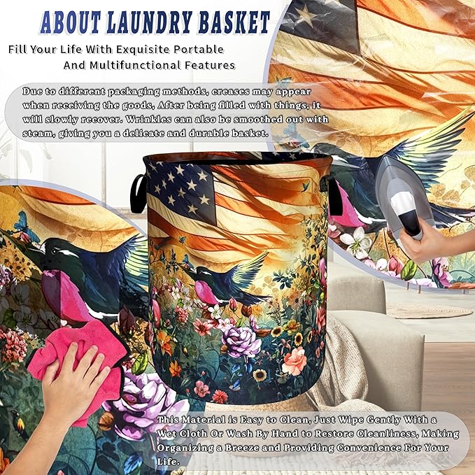 American Flag Garden Birds Laundry Basket Foldable Bird Laundry Hamper With Handle Portable Oxford Cloth Clothes Storage Basket Laundry Bag 18.9"x16.5" For Laundry Room/Bedroom/Bathrooms
