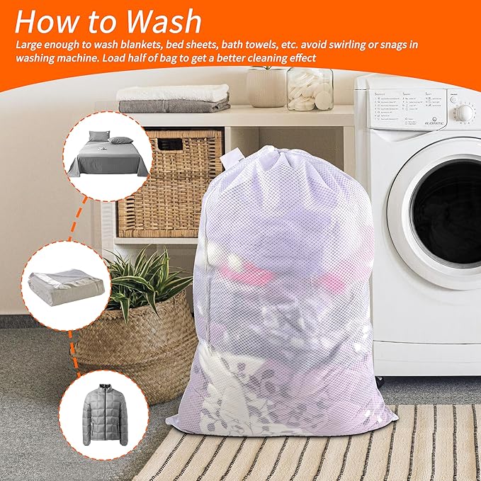 Polecasa Extra Heavy Duty Large Diamond Mesh Laundry Bags 24 x 36" with Drawstring Closure & ID Tag, Storage Bag for College, Travel, Sports, Dorms, White