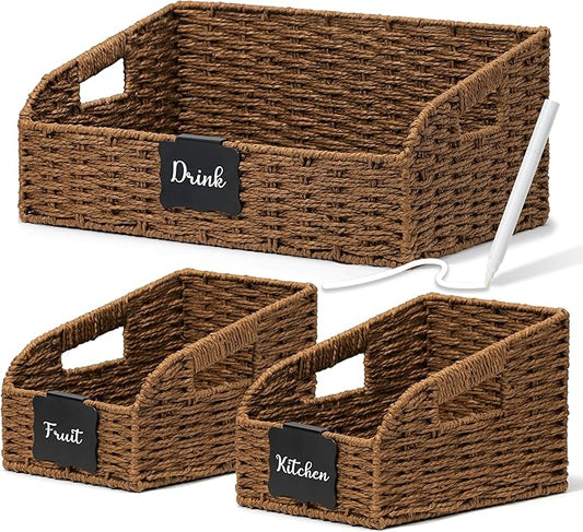 Pantry Organizers, Large Wicker Baskets for Shelves, Labeled Storage Baskets for Organizing with Handles - Paper Storage Bins for Shelves, 3 Pack, Brown