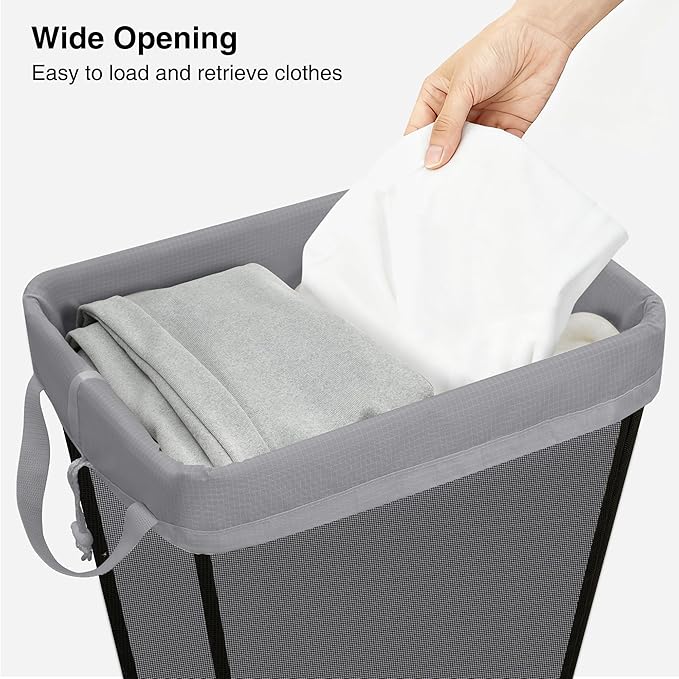 STO STO Laundry Basket 75L, Space-Saving Laundry Hamper for Small Spaces, Freestanding Clothes Hamper with Iron Frame, Removable Washable Liner, Laundry Organizer for Bedroom, Bathroom, Dorm, Gray