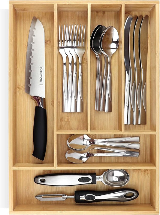 Pristine Bamboo Silverware tray organizer– Flatware Utensil Cutlery Silverware Holder for Drawer – Small Extra-Deep Wooden Kitchen Drawer Organizer Divider for Spoons Forks Knives cutleries (6-Slots)