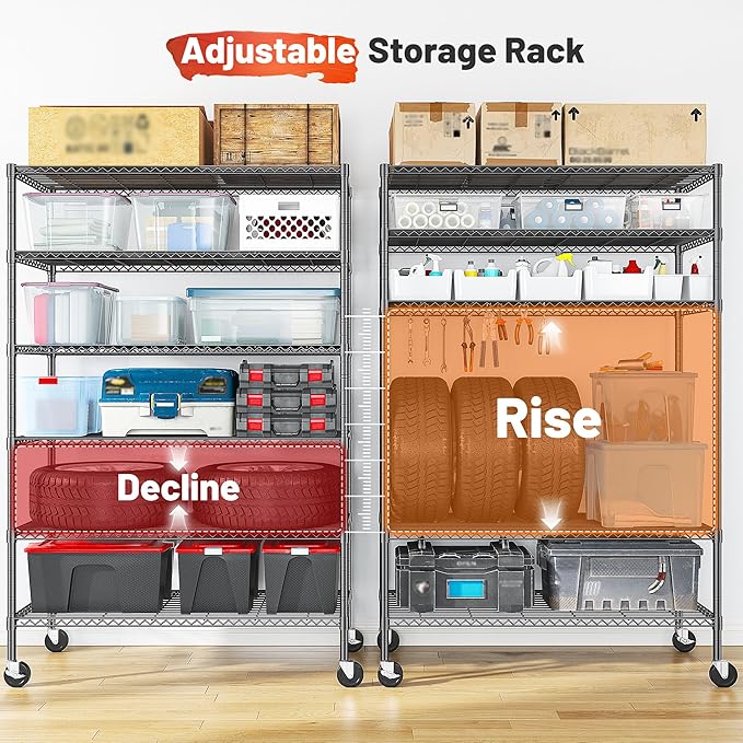 Romorgniz 82" H X45 W X18 D Storage Shelves with Wheels, 6 Tier Wire Shelving Adjustable Metal Shelving Pantry Shelves Capacity 2100LBS for Garage Shelving, Pantry, Kitchen, Closet, Black,2P