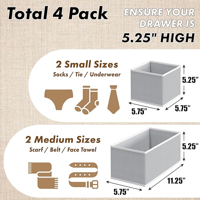 Simple Houseware Underwear Drawer Organizer for Sock/Bra/Undergarment/Panty/Onesie, Collapsible, Set of 4, Gray