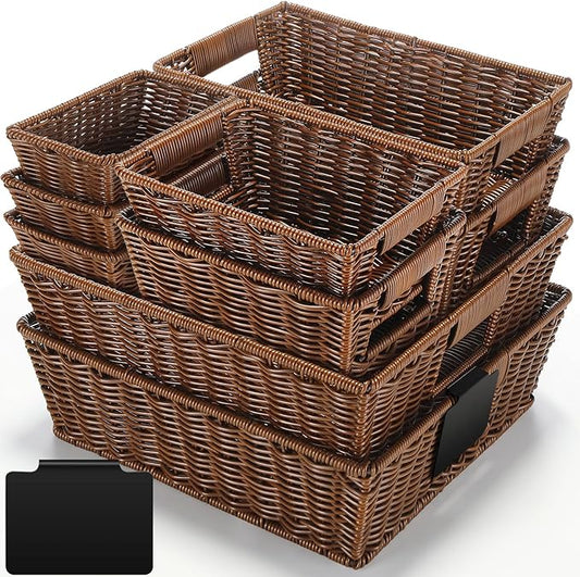 Marsui 9 Pcs Wicker Storage Baskets for Pantry Organization with Handle Labels Handwoven Multi-size Dark Brown Small Organizer Baskets Storage Bin Container for Shelves Closet Toilet Christmas Holiday