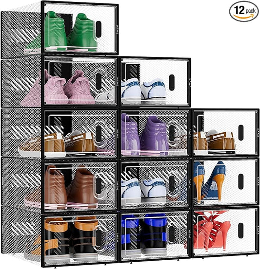 BALEINE 12 Pack Stackable Shoe Storage Boxes Fit Size 11, Thickened Clear Shoe Box Bins with Lids, Plastic Foldable Organizer Sneaker Storage Containers (X-Large, Black)