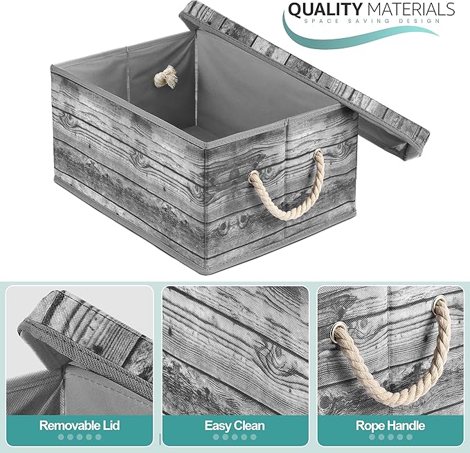 Sorbus Storage Box Set with Lid, Carry Handles, Foldable Frame, Rustic Wood Grain Print Bins, Great for Toys, Memorabilia, Closet, Office, Bedroom, 2-Pack (Wood Box Set - Gray)