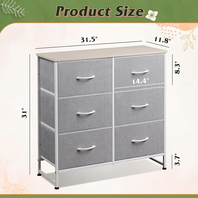 WLIVE Fabric Dresser for Bedroom, 6 Drawer Double Dresser, Closet Dresser with Fabric Bins, Chest of Drawers for Closet, Living Room, Hallway, Light Grey
