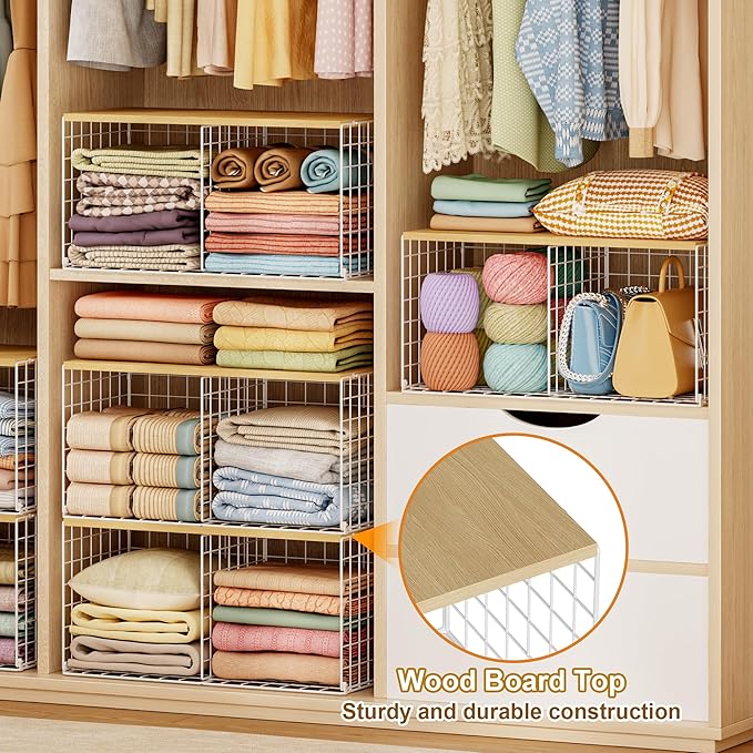 2 Pack Stackable Closet Organizers and Storage, 4 Cube Closet Shelves with Wood Top Board for Extra Clothes Storage, Small Metal Closet Shelf Organizer Bins Baskets for Sweater Sweatshirt Jeans, White