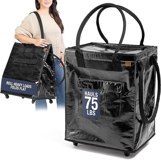 CleverMade Hauler Rolling Tote Bag, 90L Collapsible Portable Shopping Cart with Wheels for Groceries, Laundry, Organization