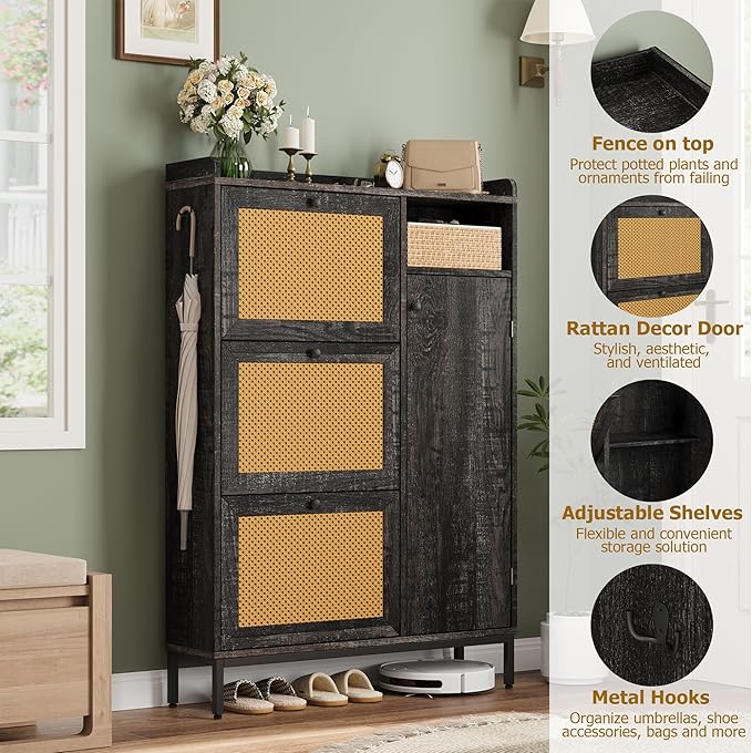 GarveeHome Shoe Cabinet Rattan with 3 Flip Drawers and 4-Tier Shoe Storage Cabinet, Freestanding Shoe Organizer with Adjustable Shelves for Entryway, Closet, Hallway