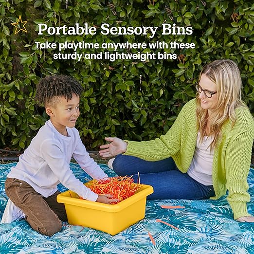 ECR4Kids Stackable Square Bins with Non-Snap Lids, Multipurpose Organization, Yellow, 4-Pack