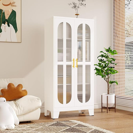 PAOFIN 61.02" Metal Display Storage Cabinet,Tall Kitchen Pantry Cabinets with Acrylic Glass Doors and Adjustable Shelves,Freestanding Storage Cupboard for Kitchen, Living Room(White)