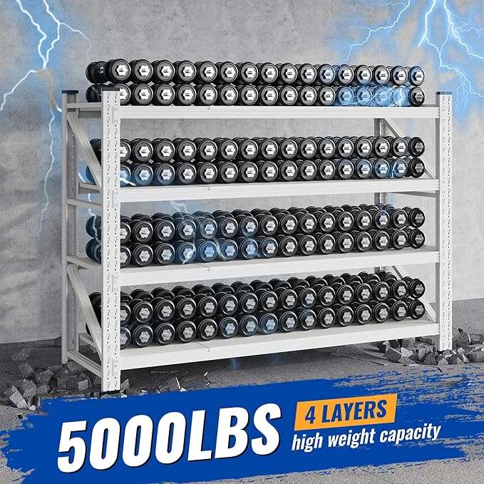 BYNSOE 60" W Storage Shelves 5000lbs Garage Metal Shelving Heavy Duty Garage Shelves Adjustable Storage Shelves for Industrial, Factory, (White, 60" W X 24" D X 70" H)