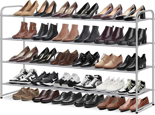 MISSLO 4 Tier Long Shoe Organizer for Closet Shoe Rack for Bedroom Closet Floor Shoe Shelf for Entryway Storage Stackable Wide Shoe Shelf Stores 30 Pairs of Men Sneakers, Grey