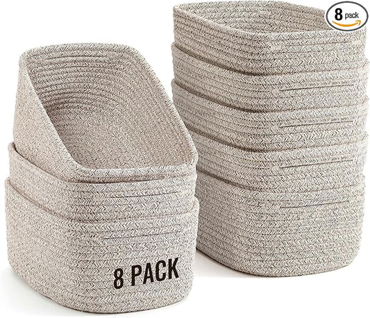 8 Pack Small Storage Baskets for Organizing, Woven Rope Bins for Bathroom, Closet, Shelf Organizer, Cute Cube Decorative Box for Towels, Baby Nursery, Toys, Gift Empty Baskets - 11.5"x7.5"x4.7"-Brown