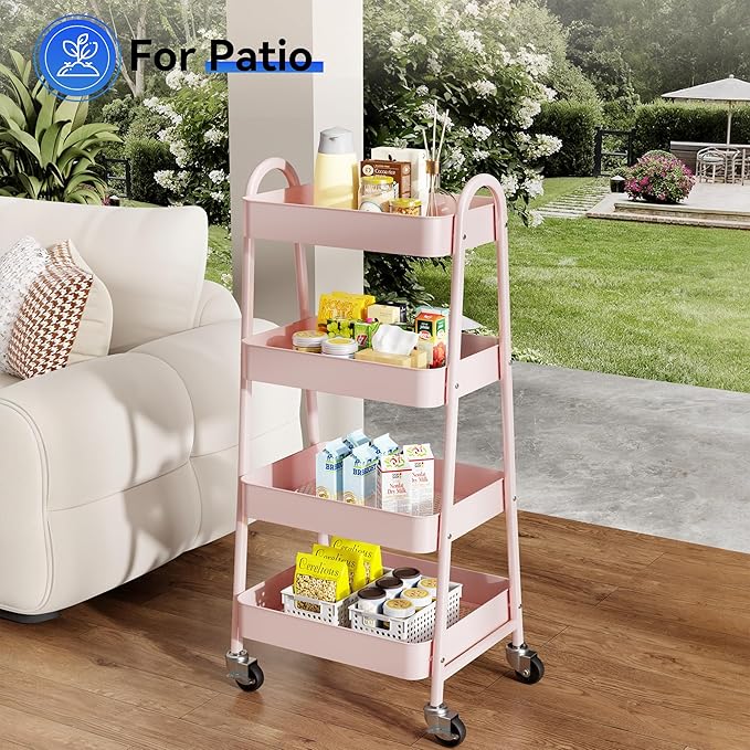 OLIXIS Metal 4 Tiers Utility Rolling Cart, Mobile Storage Shelf with Lockable Caster Wheels, Organization for Livingroom, Bathroom & Narrow Places, 4-Tier Pink