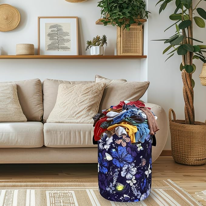 Butterfly Laundry Basket Foldable Purple Blue Butterflies Laundry Hamper With Handle Portable Oxford Cloth Clothes Storage Basket Colorful Laundry Bag 18.9"x16.5" For Laundry Room/Bedroom/Bathrooms