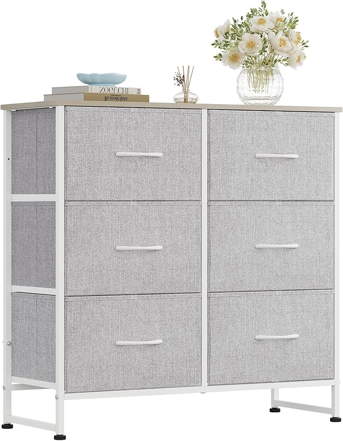WLIVE Fabric Dresser for Bedroom, 6 Drawer Double Dresser, Closet Dresser with Fabric Bins, Chest of Drawers for Closet, Living Room, Hallway, Light Grey