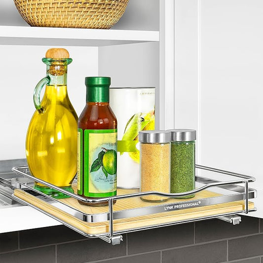 LYNK PROFESSIONAL® Élite™ Pull Out Spice Organization for Cabinets - 10-3/8 inch Wide – Spice Rack for Inside Cabinets – Wood/Chrome - Sliding Spice Rack Organizer for cabinet – Spice Rack - 1 Tier