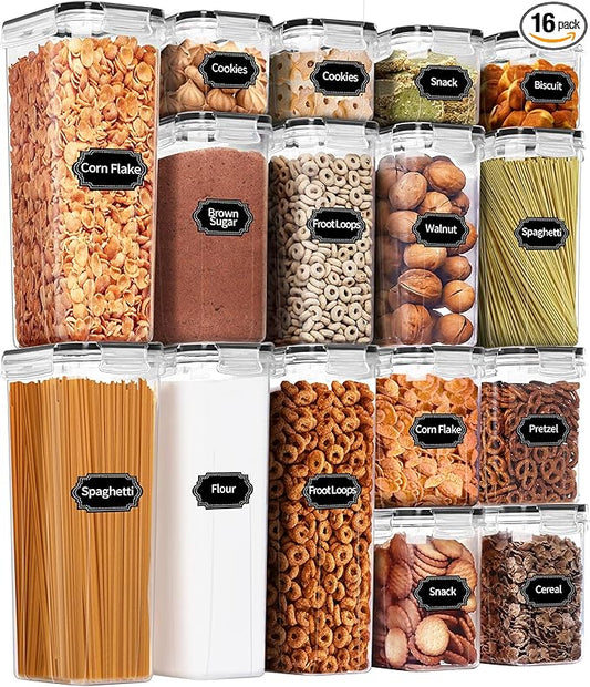 PRAKI Airtight Food Storage Containers Set, 16 Pcs BPA Free Plastic Dry Food Canisters for Kitchen Pantry Organization and Storage Ideal for Cereal, Flour & Sugar - Labels, Marker(Black)