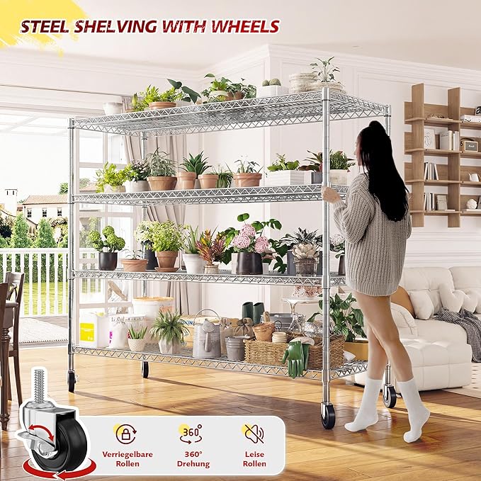 REIBII 55.5''W Storage Shelves 2500LBS Wire Shelving Unit with Wheels Heavy Duty Metal Shelves for Storage Adjustable Garage Storage Rack Pantry Shelf Kitchen Shelving, 75.6" H X 55.5''W X 24" D, 3PCS