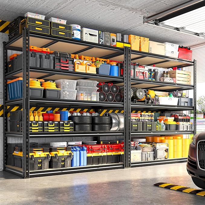 REIBII 48" W Garage Shelving 3080LBS Storage Shelves 5 Tier Industrial Shelving Adjustable Metal Storage Shelves for Garage, Basement, Warehouse, Commercial, Easy Assemble, 48" W x 72" H x 24" D