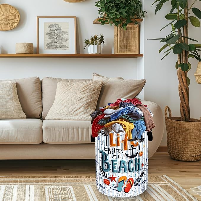 Life is Better At the Beach Laundry Basket Foldable Funny Laundry Hamper With Handle Portable Oxford Cloth Clothes Storage Basket Laundry Bag 18.9"x16.5" For Laundry Room/Bedroom/Bathrooms