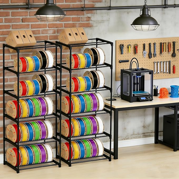 Two 6-Tier 3D Printer Filament Storage Rack, Heavy Duty Metal Spool Holder Holds 72×1kg, Tool-Free Assembly, Modular Design for Home Office Workshop