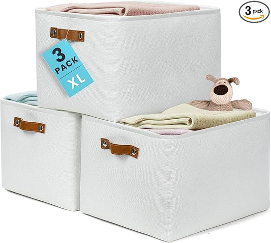 OrganiHaus Extra Large Fabric Storage Baskets for Shelves 3 Pack, 16x13in Closet Storage Bins, Canvas Baskets for Organizing, Linen Closet Organizers, Cloth Basket, Off-White