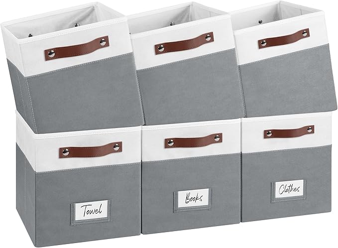 FinishingBo 6-Pack Storage Cubes with Handles & Label Holders Basket, Closet Cube Home Organizer Bins(White/Dark Grey, 10.5*10.5*11 inch)