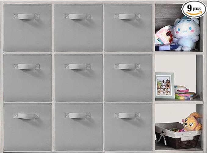 11x11 Inch Storage Bins Cubes, Fabric Foldable Storage Box, Collapsible Closet Organizer for Clothes, Blankets, Office, Bedroom, Living Room, Shelf Cabinet, Bookcase, Gray, 9 Pack