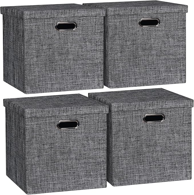 Posprica Storage Bins with Lids,13×13×13 Foldable Storage Cube Baskets Boxes Fabric Drawers for Closet Shelf Cabinet Bookcase,Set of 4,Black