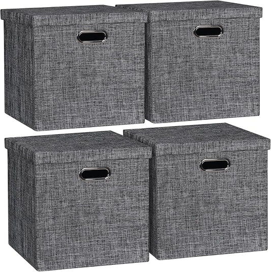Posprica Storage Bins with Lids,13×13×13 Foldable Storage Cube Baskets Boxes Fabric Drawers for Closet Shelf Cabinet Bookcase,Set of 4,Black