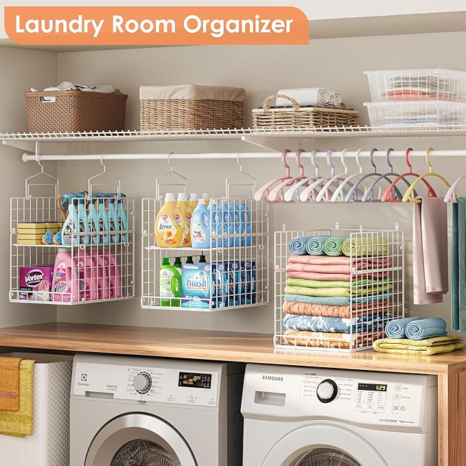8-Tier Extended Depth Hanging Closet Organizers and Storage for Closet System, Stackable Closet Shelves with 4 Adjustable Dividers for Clothes Sweaters Purses, Wire Hanging Basket Fits Closet Laundry