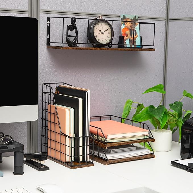 Mind Reader Desktop Shelf for Office Organization and Display, Mounting Hardware Included, Metal and Wood, Brown
