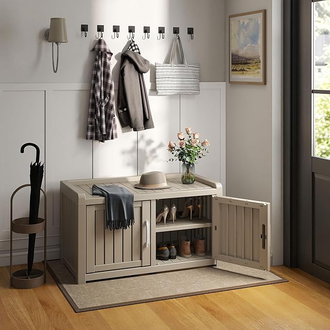 EasyUp Shoe Bench Waterproof,Resin Shoe Cabinet,Outdoor Storage,Industrial Hallway Bench with Adjustable Shelves for Entryway,Living Room,Bedroom(Grey,Double Door)