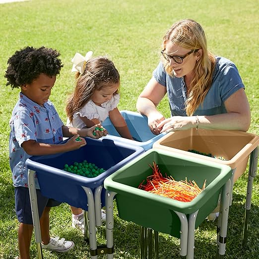 ECR4Kids Stackable Square Bins with Non-Snap Lids, Multipurpose Organization, Sand, 4-Pack