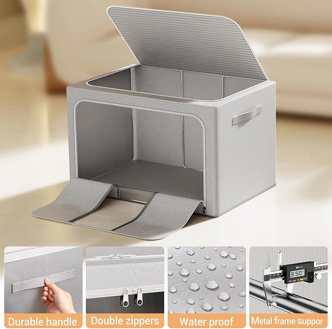 Clothes Storage Bins with Metal Frame Foldable Storage Box Clothes Organizers Storage Containers for Clothes Sheets Blankets Books Toys Gifts and Holiday Decorations (24Lx3 Pack)