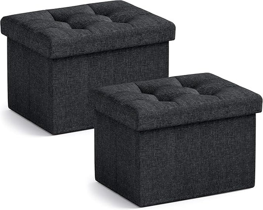 Ornavo Home Small Storage Ottoman, Set of 2, Foldable Collapsible Rectangle Linen Ottoman Foot Rest Stool Seat, for Living Room, Bedroom, Home Office, Dorm - 12 x 16 x 12, Black
