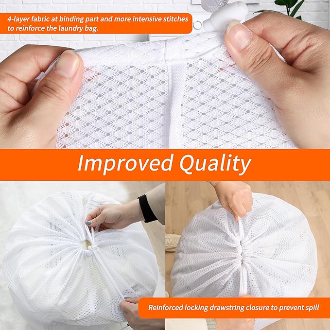 Polecasa Extra Heavy Duty Large Diamond Mesh Laundry Bags 24 x 36" with Drawstring Closure & ID Tag, Storage Bag for College, Travel, Sports, Dorms, White