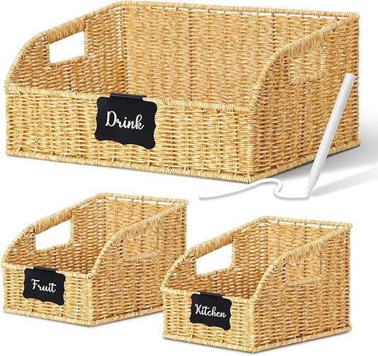 Pantry Organizers and Storage Basket for Organizing with Handles,Handwoven Large Wicker Baskets for Shelves - Waterproof Plastic Storage Bins, Boho Decorative, 3Pack, Natural