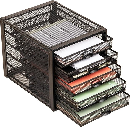 Mind Reader File Storage Drawers, Desk Organizer, Multi-Purpose, Crafts, Office, Metal Mesh, 11"L x 14"W x 11"H, Black, 5 Drawer
