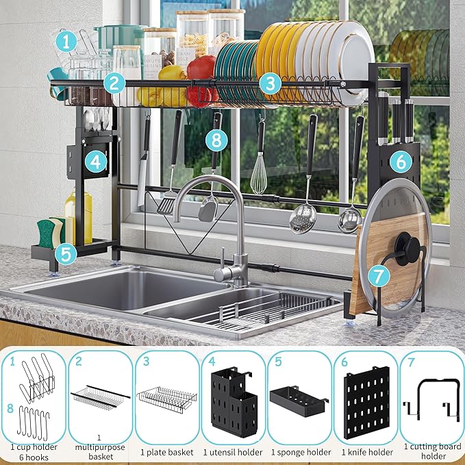 Over the Sink Dish Drying Drainer Rack - Height & Width Adjustable Large Capacity Stainless Steel Kitchen Storage Organization Plate Strainers Above Kitchen Counter (W24.4-38.2" ~ H17.7-22.1" Black)