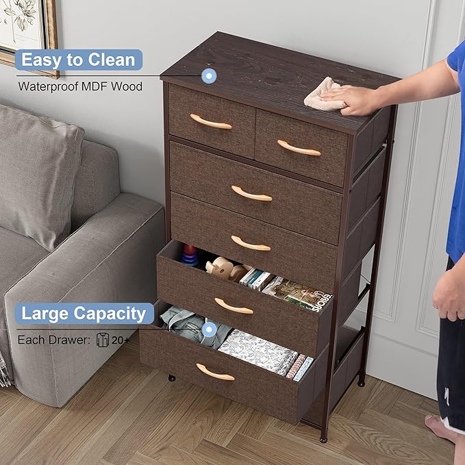 Crestlive Products Vertical Dresser Storage Tower - Sturdy Steel Frame, Wood Top, Easy Pull Fabric Bins, Wood Handles - Organizer Unit for Bedroom, Entryway, Closets - 7 Drawers (Brown)