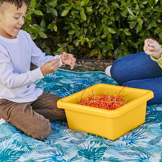 ECR4Kids Stackable Square Bins with Non-Snap Lids, Multipurpose Organization, Yellow, 4-Pack