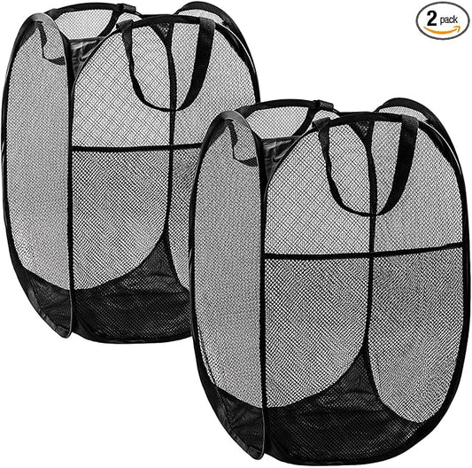 DUCOO Pop Up Laundry Hamper, 70L Collapsible Mesh Laundry Basket with Side Pocket, Foldable Dirty Clothes Hamper with Sturdy Reinforced Handles for Home Dorm Bedroom Travel Storage, Black, 2Pack