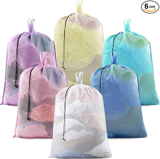 6 Pack 24 x 36 Inches Colorful Soft Mesh Laundry Bag with Handles Machine Washable Secure Drawstring Closure Large Sturdy Mesh Net Laundry for College Travel Dorm Laundromat