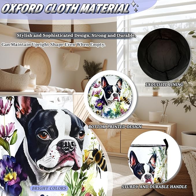 Dog Laundry Basket Foldable Pet Bees Flowers Laundry Hamper With Handle Portable Oxford Cloth Clothes Storage Basket Dogs Laundry Bag 18.9"x16.5" For Laundry Room/Bedroom/Bathrooms